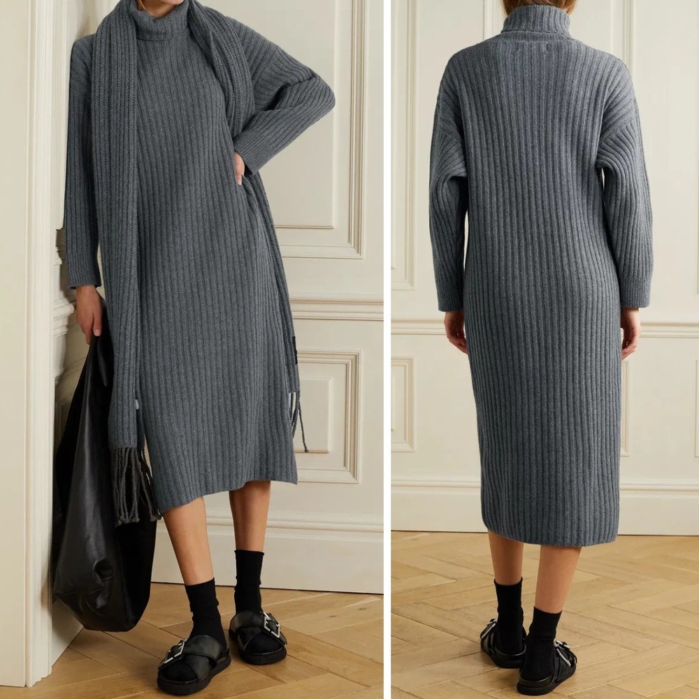 Mara Hoffman Dress Enzo Cashmere Wool Blend Ribbed Turtleneck Dress Gray Size XS